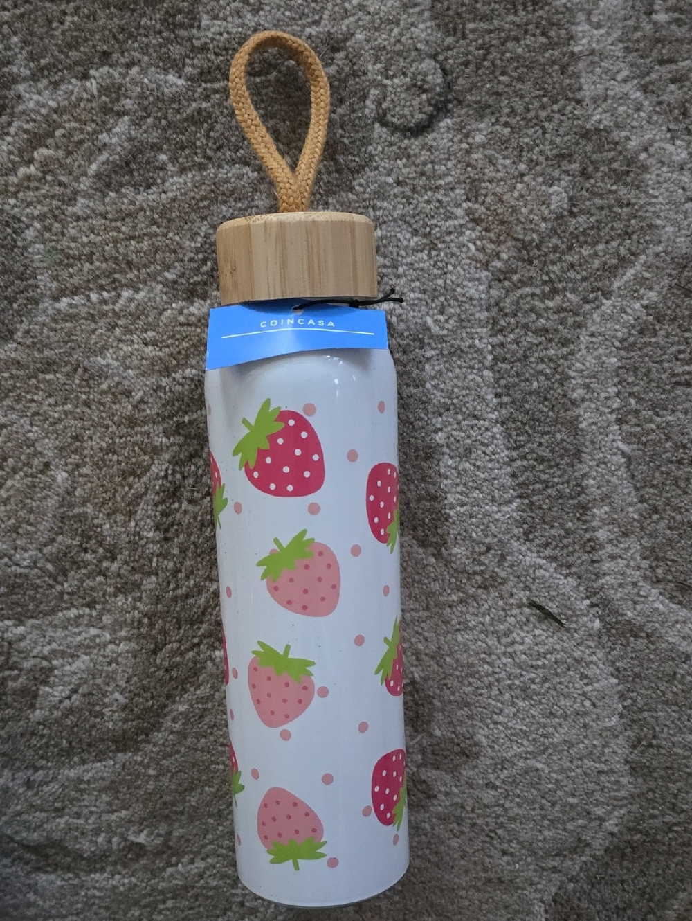 Strawberry Print Glass Bottle with Bamboo Lid